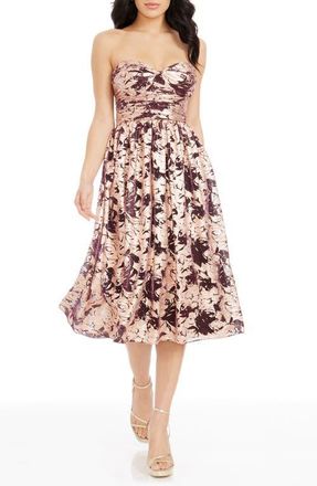 Dress The Population Mandy Metallic Floral Strapless Cocktail Dress in Copper Multi at Nordstrom, Size Xx-Large