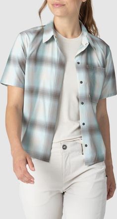 Outdoor Research Astroman Short Sleeve Sun Shirt in Tidal Plaid at Nordstrom, Size Xx-Large