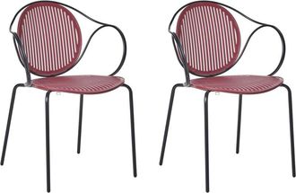 Beliani Set of 2 Garden Chairs Red and Black Steel Frame Stackable Ribbed Back Outdoor Patio Modern IKARIA