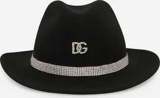 Dolce & Gabbana Fedora Hat With Rhinestone-detailed Band And Dg Logo - Woman Black Wool 58