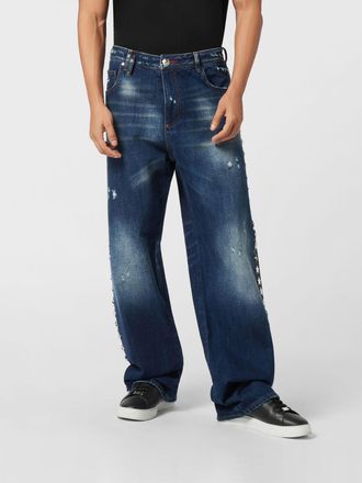 Philipp Plein Jeans wide leg in denim stretch con effetto usurato e borchie