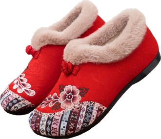 Generic Womens Warm Floral Embroidered Winter Shoes,Warms Fur Lined Floral Embroidereds Ankle Bootie,Womens Winter Ankle Boots Embroidered Shoes,Women Warm Wi