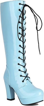 Generic Womens Patent PU Leather Knee High Riding Boots Lace Up Platform Block High Heel Fashion Goth Shoes with Zipper (7.5,Blue)