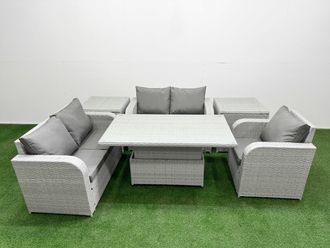 Fimous High Back Poly Rattan Garden Furniture Set w/ Reclining Chair Loveseat Sofa Adjustable Lifting Dining or Coffee Table Indoor Outdoor Patio Set