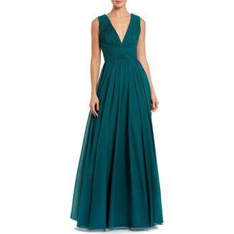 Mac Duggal Sleeveless Ruched V Neck Chiffon Gown in Teal at Nordstrom, Size 12