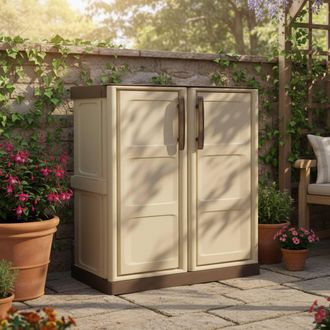 Dmora Mueble Para Exteriores O Interno Multiusos, Armario Bajo Con 2 Puertas Y 1 Estante De Polipropileno, 100% Made In Italy, 70x39h86 Cm, Color Beige - Dm