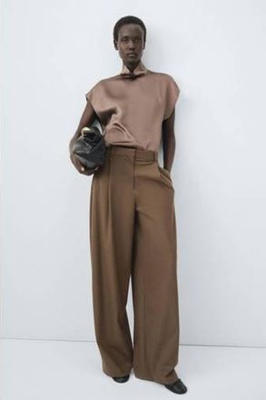 Mango wide leg regular waist broek met wol bruin