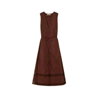 Twinset Midi Dresses, female, Brown, Size: 2XL Long Poplin Dress with Embroidery