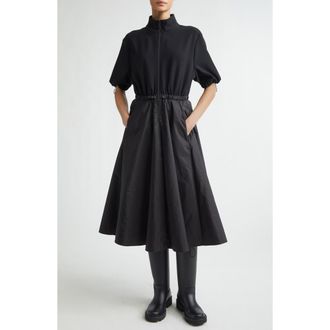 Moncler Mixed Media Technical Midi Shirtdress in Black at Nordstrom, Size 6 Us