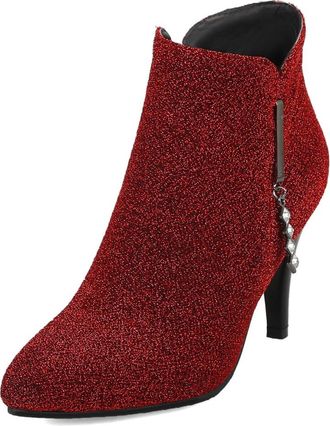 Generic Womens Glitter Pointed Toe Stiletto Heel Ankle Boots Side Zipper Rhinestone Detail Boots for Evening Party Prom Night Out,Red,4.5 UK
