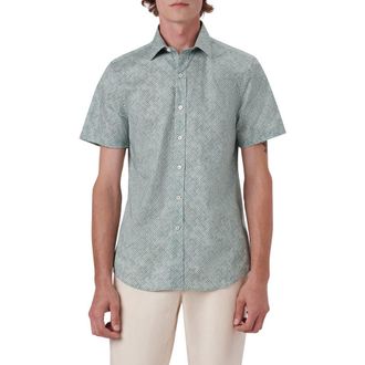 Bugatchi Shaped Fit Geometric Print Short Sleeve Stretch Cotton Button-Up Shirt in Sage at Nordstrom Rack, Size Medium