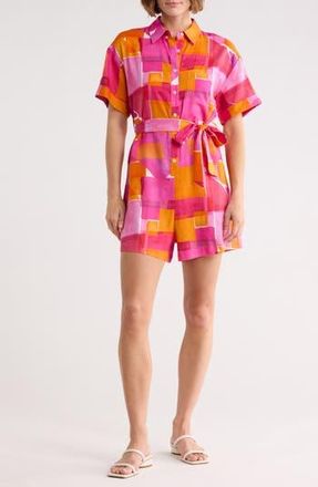 FRNCH Leoline Tie Waist Linen Blend Romper in Geo Pink at Nordstrom Rack, Size X-Small
