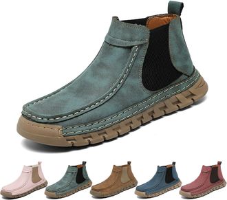 Generic Womens Handmade Non-Slip Orthopedic Shoes, Comfortable Slip On Lightweight Mid Top Hiking Ankle Boots, Retro Walking Shoes (Green,3.5)