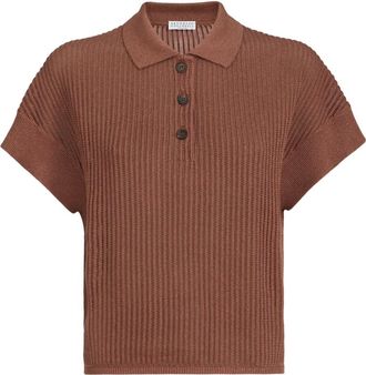 Brunello Cucinelli ribbed buttoned polo shirt - women - Cotton/Viscose/Polyester - 3XL - Orange