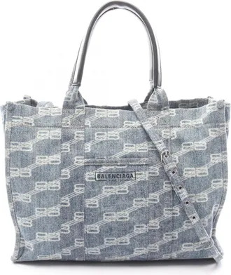 Balenciaga Black Blue White Denim Leather Tote Bag (Pre-Owned)
