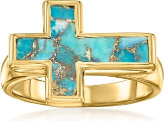 Ross-Simons Turquoise Sideways Cross Ring in 18kt Gold Over Sterling