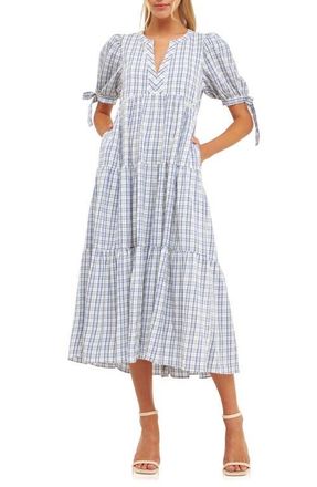 English Factory Plaid Tiered Midi Dress in Cream Multi at Nordstrom, Size Medium