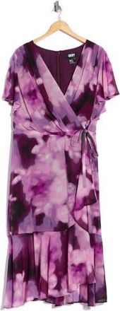 DKNY Flutter Sleeve Faux Wrap Dress in Raisin Multi at Nordstrom Rack, Size 16W