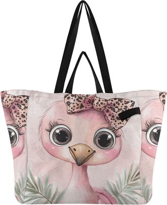 Generic Pink Bow Bird pattern Reusable Canvas Tote Bag, Heavy Duty Grocery Shopping Bag with Hard Bottom Double Handles Large Capacity Work Groceries Travel