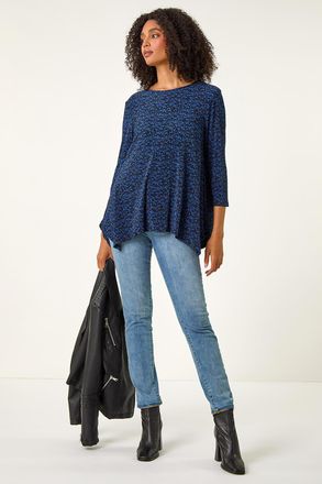 Roman Printed Plisse Hanky Hem Tunic Stretch Top