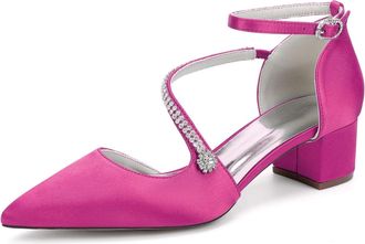 Generic Bridal Shoes Womens Rhinestone Wedding Prom Pumps Satin Pointed Toe Ankle Strap Bridesmaid Chunky Heels Shoes4.5Cm,Fuchsia,10 UK