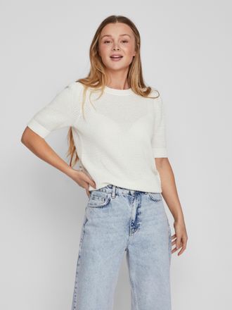 Vila Kurzarmpullover VILA VIDALO O-NECK S/S KNIT TOP - NOOS, Damen, Gr. XXL, wei&szlig; alyssum, Strick, Obermaterial: 100% Baumwolle, unifarben, regular fit nor