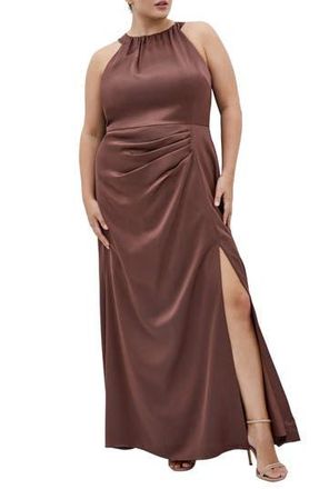 City Chic Celina Halter Neck Satin Maxi Dress in Rasin at Nordstrom Rack, Size Xxl/24W