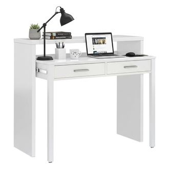Dmora Dmora - Mesa Consola Damodi, Escritorio Con Tapa Extensible, Escritorio Para Pc Con 2 Cajones, 99x36h88 Cm, Blanco
