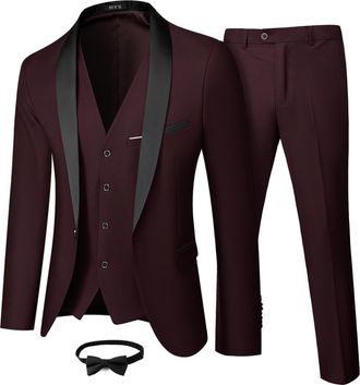 Mys Mens 3 Piece Tuxedo Set with Bow Tie, Shawl Lapel One Button Jacket Vest & Pants, Slim Fit Suit Prom Party Wedding Tux, Deep Red, XS