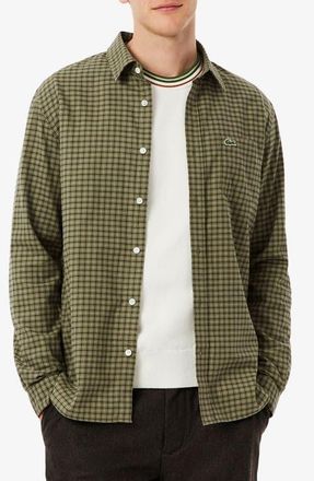 Lacoste Regular Fit Plaid Flannel Button-Up Shirt in Olive/Tisane at Nordstrom, Size 15.75