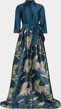 Teri Jon A-Line Metallic Jacquard & Taffeta Shirt Gown