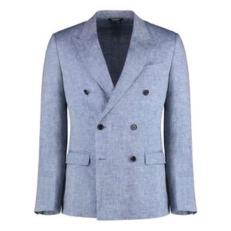 Dolce & Gabbana Blazers, male, Blue, Size: M Double-breasted linen jacket
