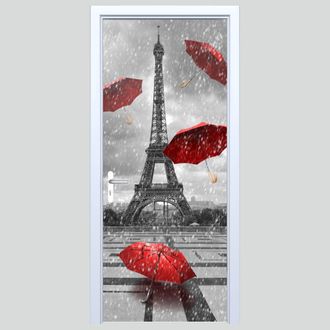 OEM Adhesivo De Tela Para Puerta Con Paraguas Rojos Y La Torre Eiffel 274pd