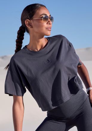 Lascana Kurzarmshirt LASCANA, Damen, Gr. XL (48/50), anthrazit, Single Jersey, Obermaterial: 95% Baumwolle, 5% Elasthan, unifarben, l&auml;ssig geschnitten bauchfr