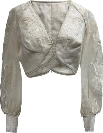 Zimmermann Embroidered Long Sleeve Cropped Top in White Linen