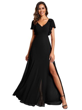 Ever-pretty Red Prom Dresses Ruffles Sleeve A-Line High Split Chiffon Maxi Bridesmaid Dresses Black 12UK