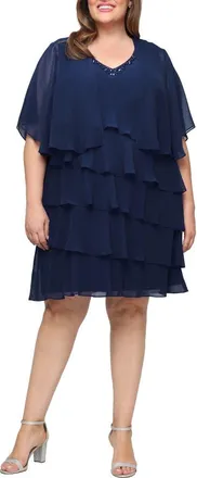 S.L. Fashions Tiered Ruffle Chiffon Dress with Jacket in Navy at Nordstrom, Size 20W