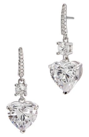 Savvy Cie Jewels Rhodium Plated Sterling Silver Canary CZ Heart Drop Huggie Earrings in White at Nordstrom
