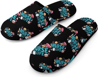 Generic Nurse Life Flannel Mens Slip-on Slippers Winter Warm House Shoes with Rubber Sole for Home Hotel