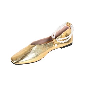 Generic Ladies Flat Shoes Comfortable Pumps Shoes Pearl Chain Solid Color Fashionable Elegant Lightweight Foldable Casual Ballet Flats Party Wedding Gold