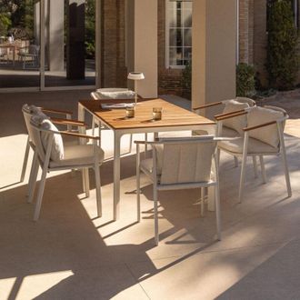 Sklum Set De Mesa Rectangular 160x90 Cm En Aluminio Y Madera De Teca Katiana Y 6 Sillas De Jard&iacute;n En Aluminio Y Tela Boucl&eacute; Yervin Sklum