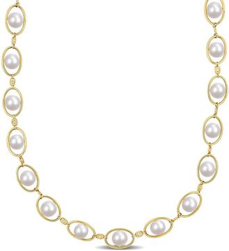 Amour 8-8.5mm Cultured Freshwater Pearl and 1/3 CT TGW Cubic Zirconia Halo Necklace In Yellow Plated Sterling Silver