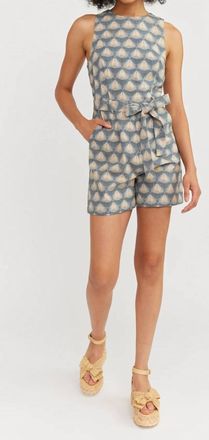 En Saison Novelty Geo Linen Tie Waist Romper In Blue Natural