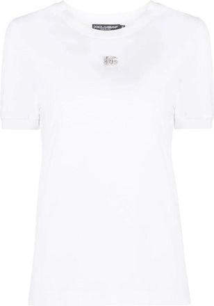 Dolce & Gabbana Katoenen T-shirt met Kristallen DG logo - Dames - T-shirts - Wit - L - Katoen - Tops