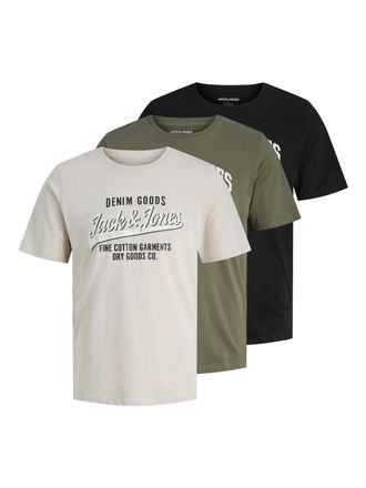 Jack & Jones Rundhalsshirt JACK & JONES JJETHAN TEE SS CREW NECK 3PK MP NOOS, Herren, Gr. XXL, gr&uuml;n (dusty olive pack:with moonbeam, schwarz), Jersey, Obermaterial