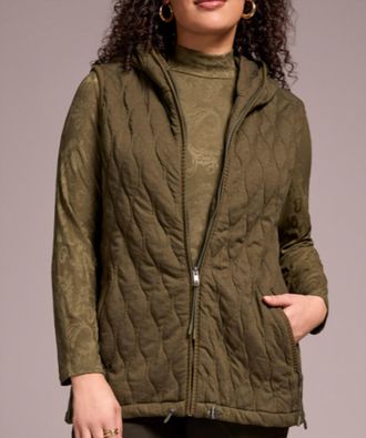 Tribal Zip Front & Hood Vest In Ivy