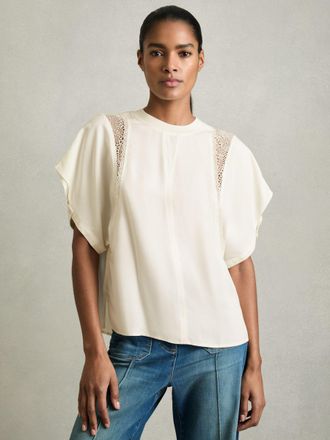 Reiss Cream Lace-insert T-shirt, 18