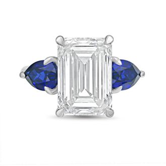 Diana M. Jewels Platinum lab grown 6ct emerald diamond ring with sapphire pears on the sides