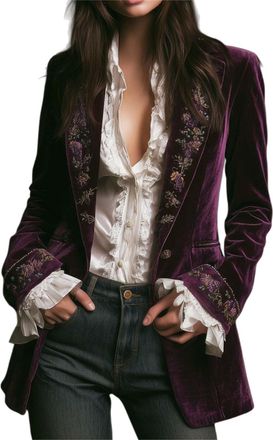 Generic Vintage Navy Polyester Velvet Embroidered Long Jacket, Velvet Blazer Jacket for Women Open Front Steampunk Outerwear (Purple,3XL)