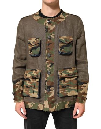 Dolce & Gabbana Brown Camouflage Linen Button Down Mens Jacket